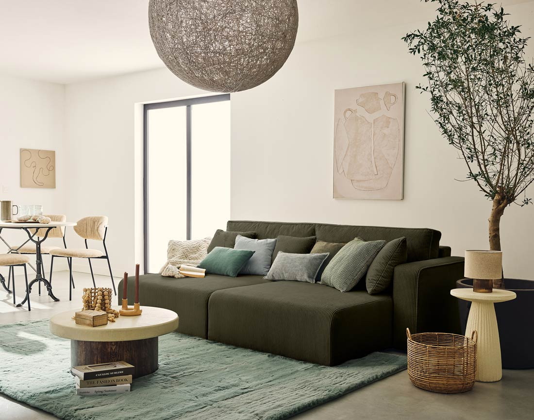 Canapé droit 4 places avec double méridienne assise profonde en velours côtelé Topaze