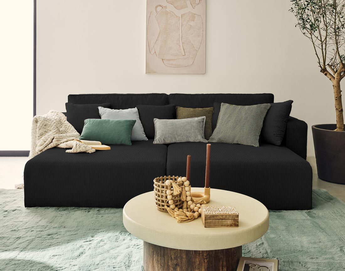 Canapé droit 4 places avec double méridienne assise profonde en velours côtelé Topaze