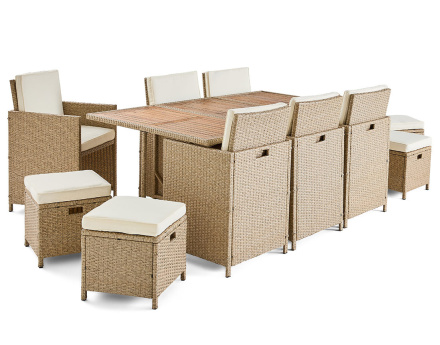 Salon de jardin encastrable en résine tressé beige 10 places coussins beige et housse de protection Cuba