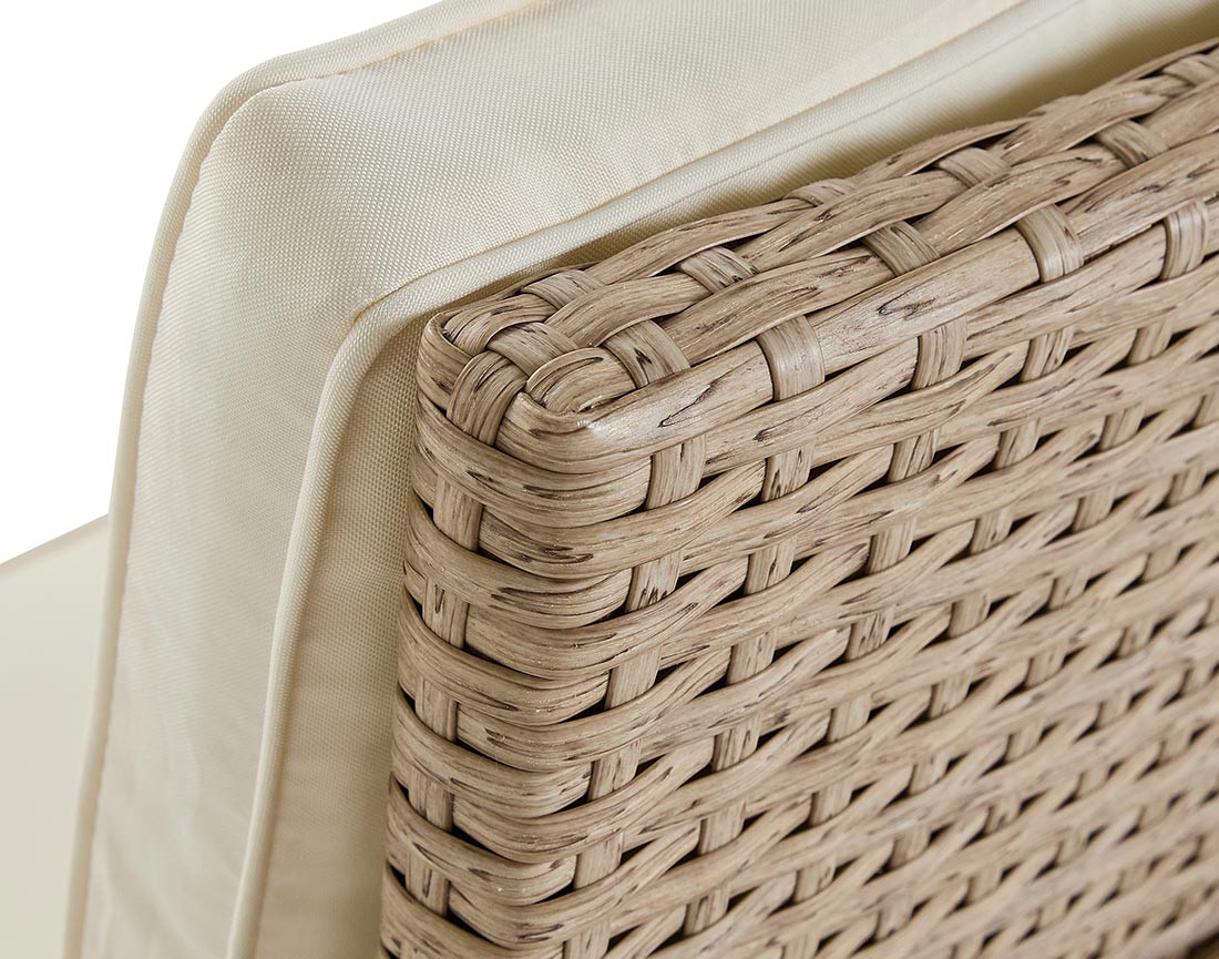 Salon de jardin encastrable en résine tressé beige 14 places coussins beige et housse de protection Cuba