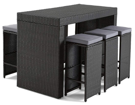 Ensemble table haute et tabourets de jardin en résine noir 6 places coussins gris Yoana