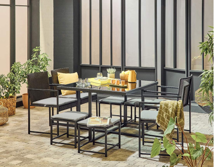 Ensemble table et chaises de jardin en acier noir 8 places coussins gris Olaria