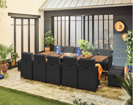 Salon de jardin encastrable en résine tressé noir 14 places coussins gris et housse de protection Cuba