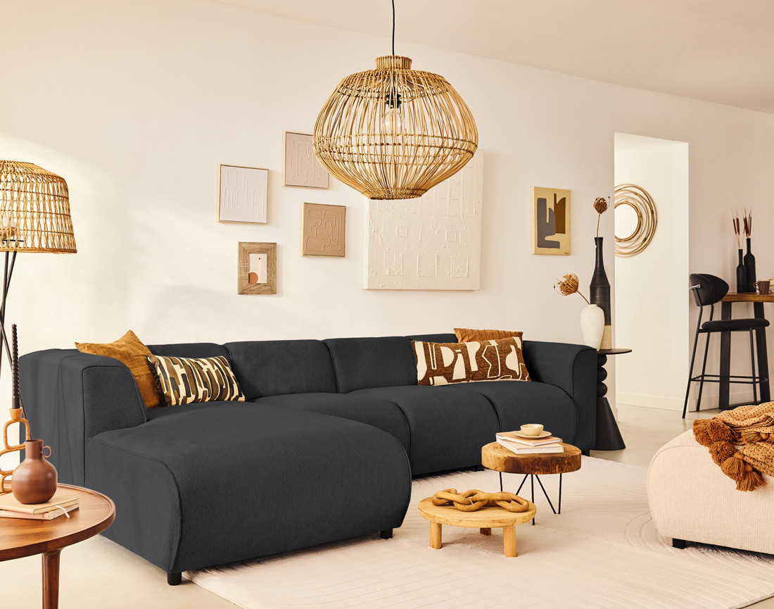 Canapé modulable d'angle gauche 5 places en tissu texturé Suaro