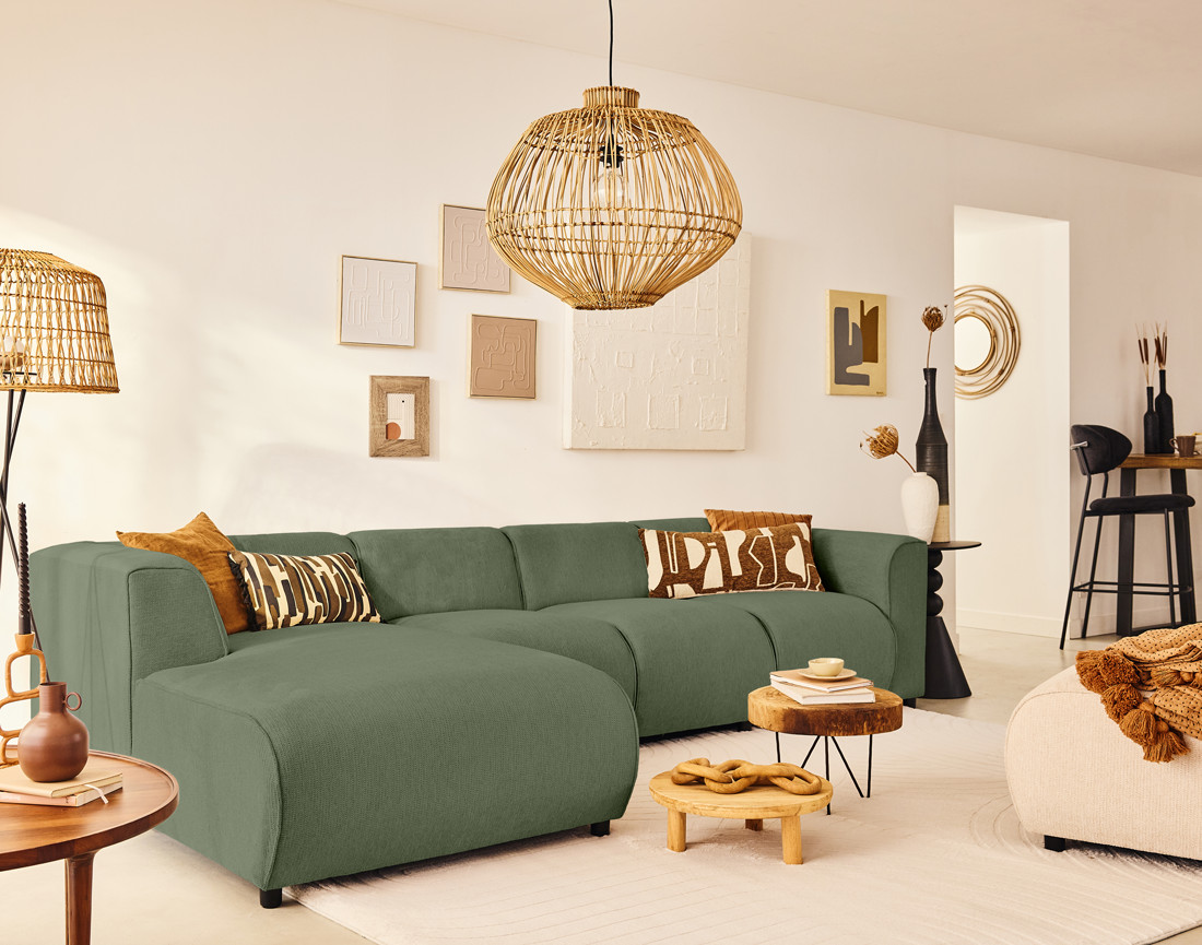 Canapé modulable d'angle gauche 5 places en tissu texturé Suaro