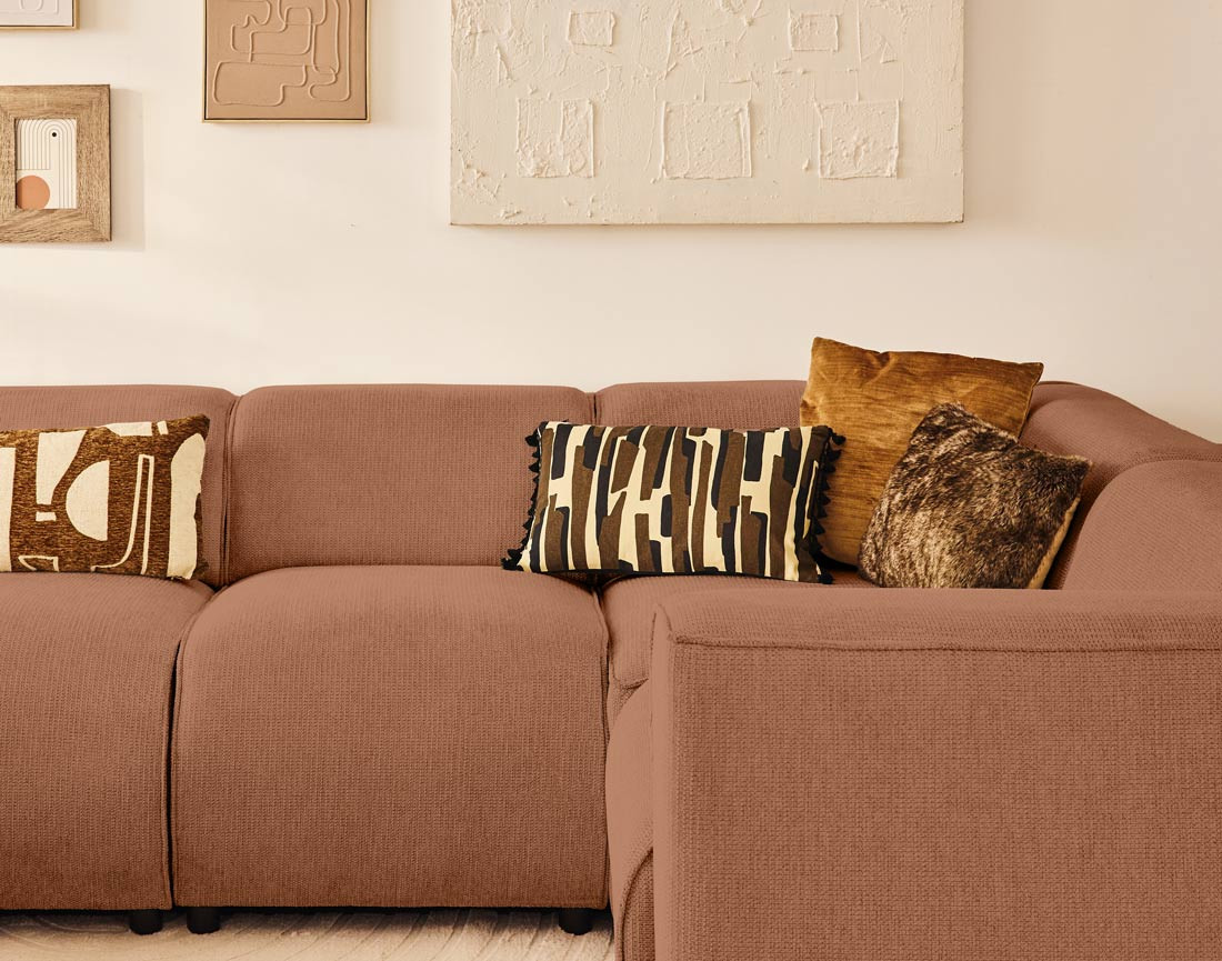 Canapé modulable panoramique d'angle droit 7 places en tissu texturé Suaro