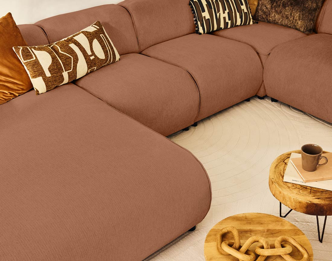 Canapé modulable panoramique d'angle droit 7 places en tissu texturé Suaro