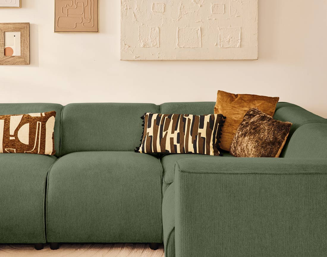 Canapé modulable panoramique d'angle droit 7 places en tissu texturé Suaro