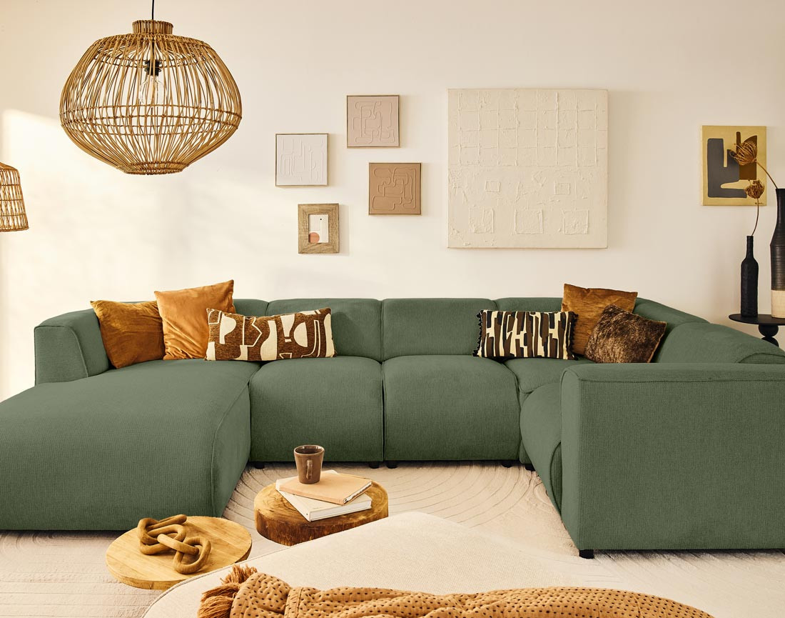 Canapé modulable panoramique d'angle droit 7 places en tissu texturé Suaro