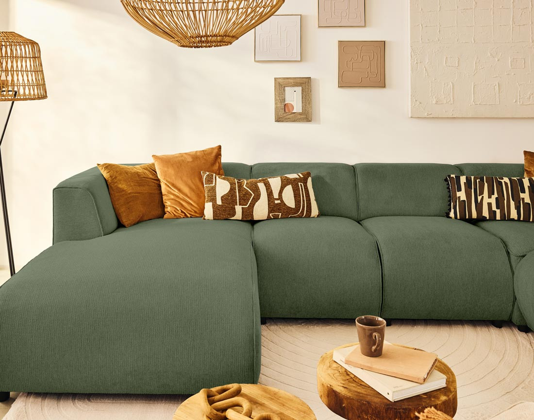 Canapé modulable panoramique d'angle droit 7 places en tissu texturé Suaro