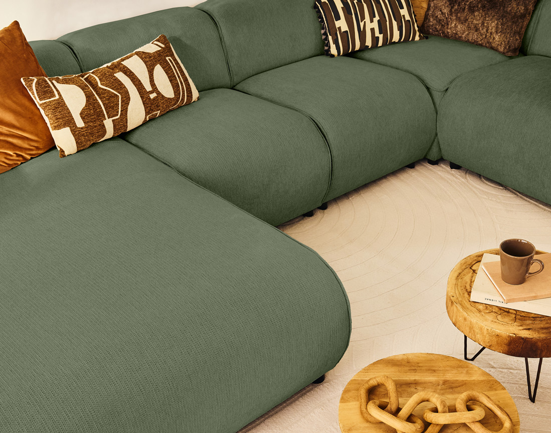 Canapé modulable panoramique d'angle droit 7 places en tissu texturé Suaro