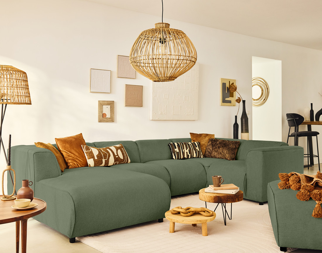 Canapé modulable panoramique d'angle droit 7 places en tissu texturé Suaro