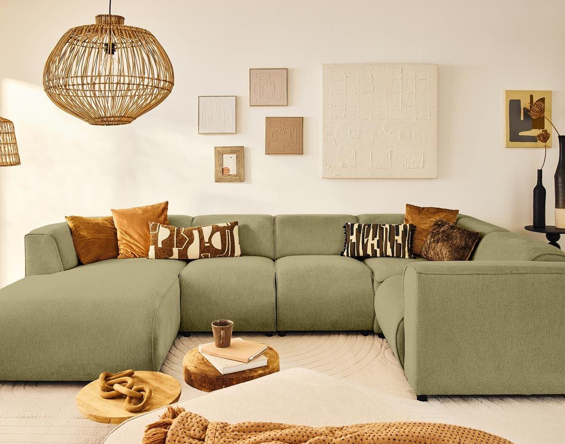 Canapé modulable panoramique d'angle droit 7 places en tissu texturé Suaro