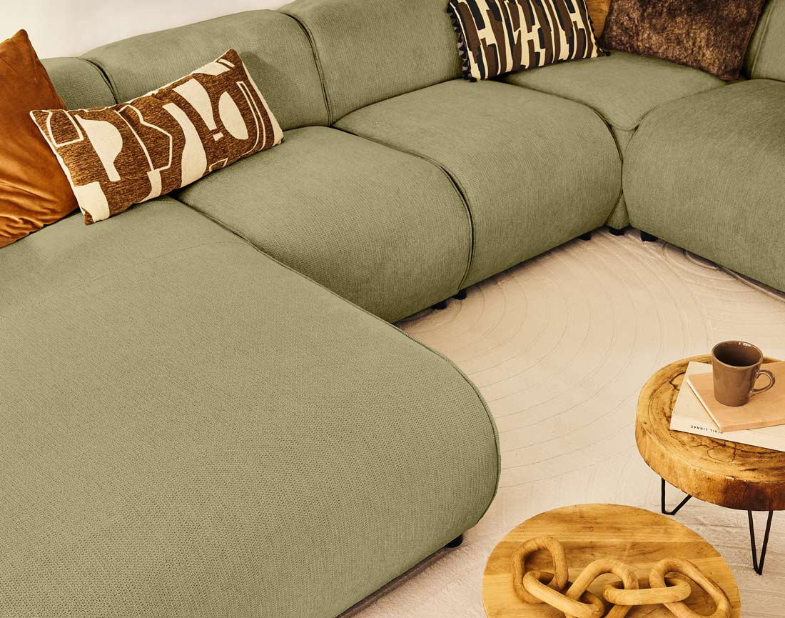 Canapé modulable panoramique d'angle droit 7 places en tissu texturé Suaro