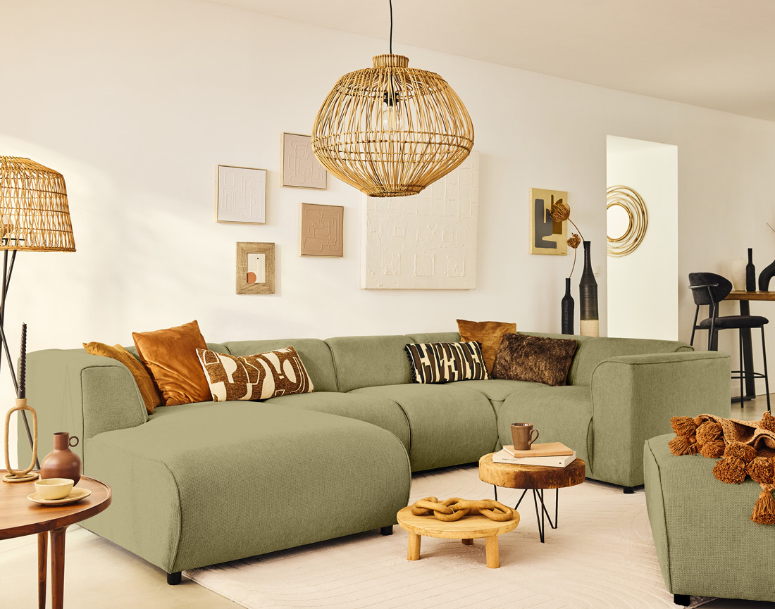 Canapé modulable panoramique d'angle droit 7 places en tissu texturé Suaro