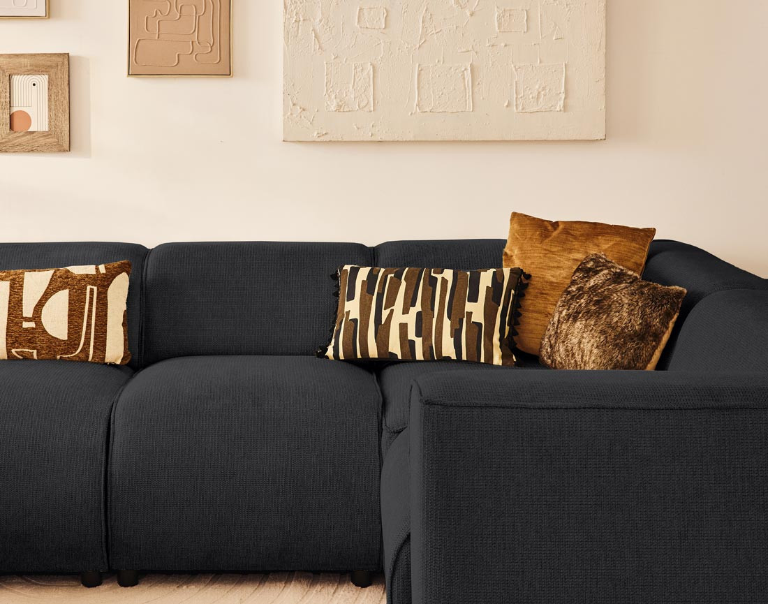 Canapé modulable panoramique d'angle droit 7 places en tissu texturé Suaro