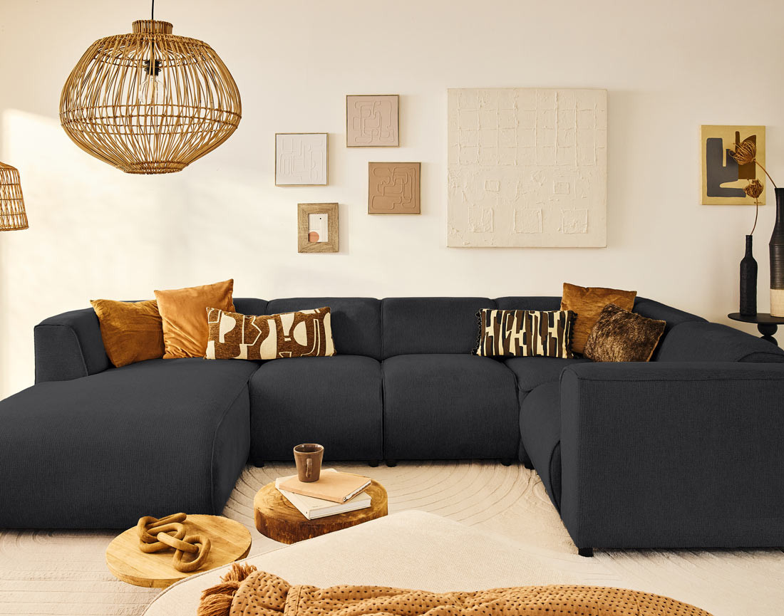 Canapé modulable panoramique d'angle droit 7 places en tissu texturé Suaro