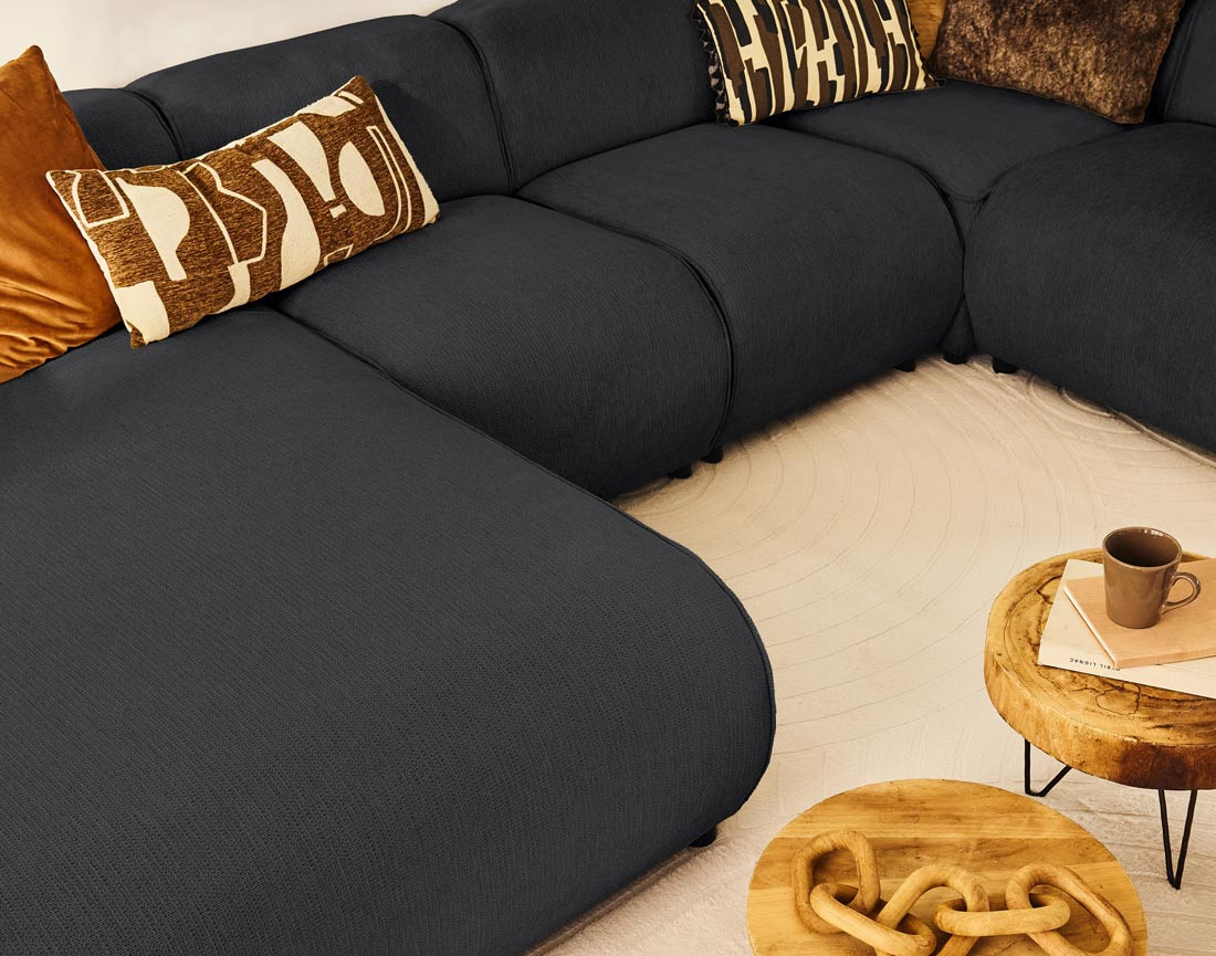 Canapé modulable panoramique d'angle droit 7 places en tissu texturé Suaro