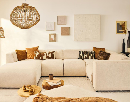 Canapé modulable panoramique d'angle droit 7 places en tissu texturé Suaro