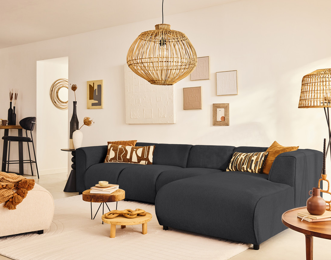 Canapé modulable d'angle droit 5 places en tissu texturé Suaro