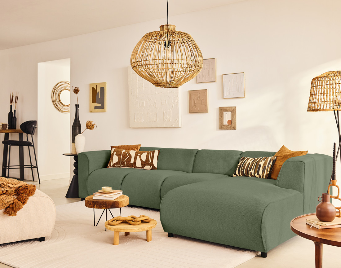 Canapé modulable d'angle droit 5 places en tissu texturé Suaro