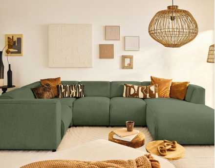 Canapé modulable panoramique d'angle gauche 7 places en tissu texturé Suaro