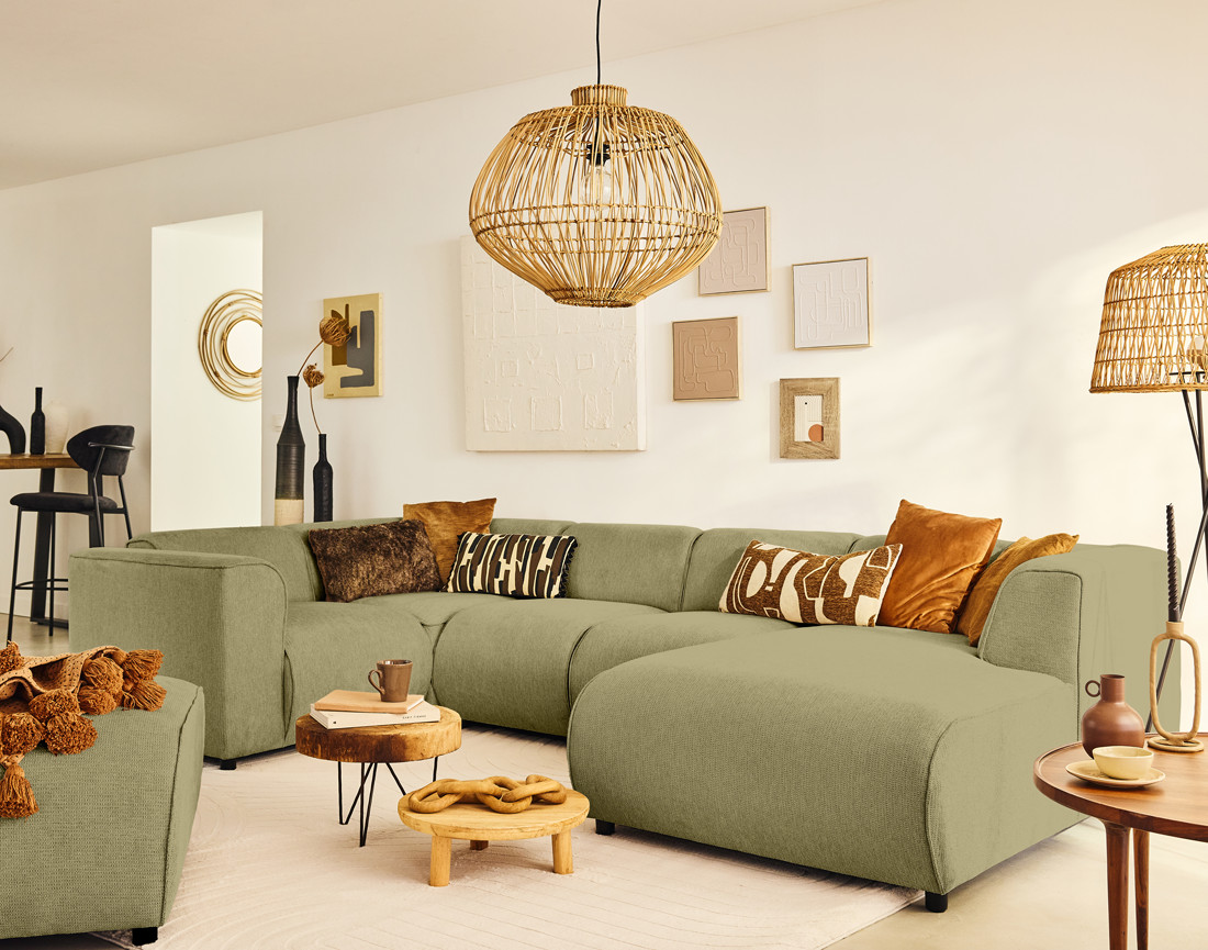 Canapé modulable panoramique d'angle gauche 7 places en tissu texturé Suaro