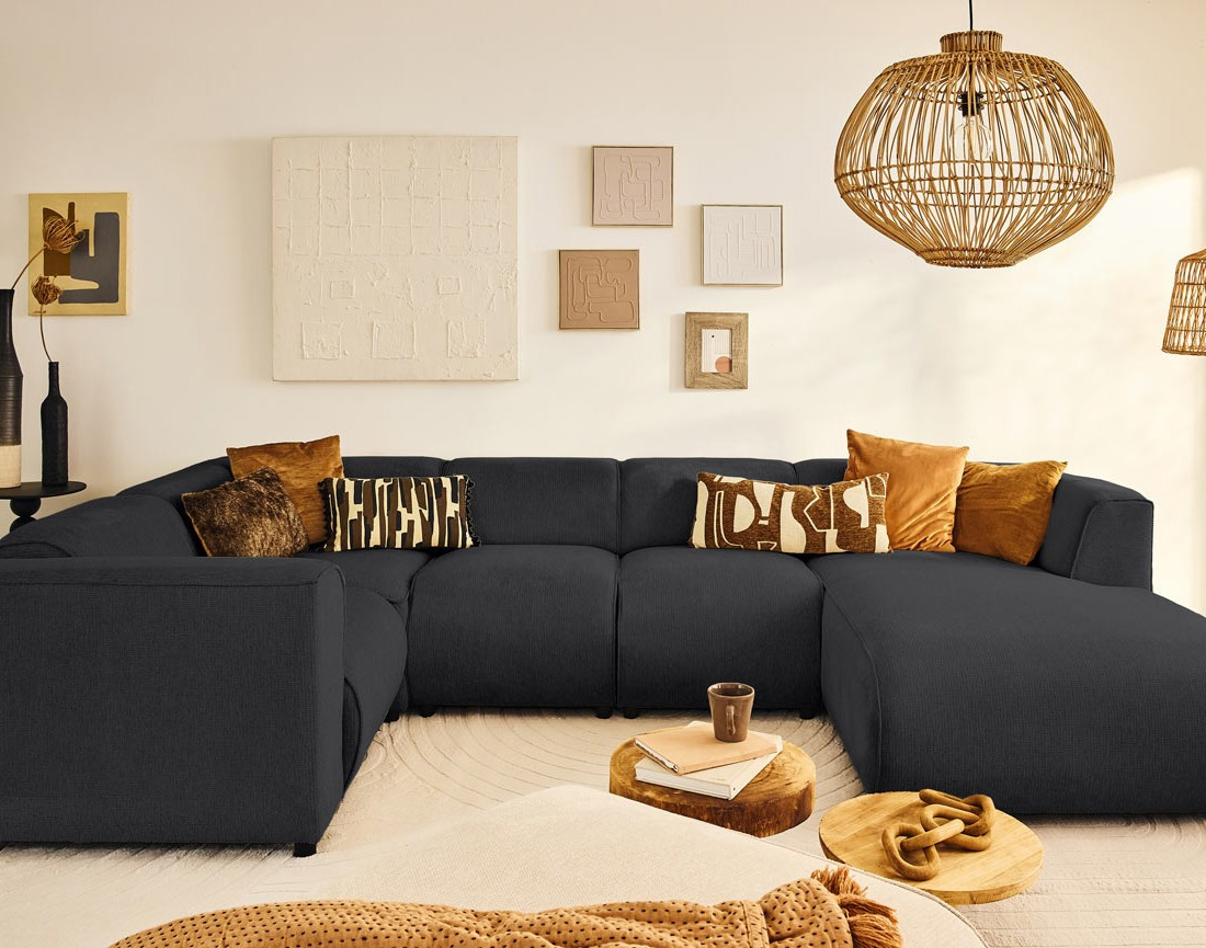 Canapé modulable panoramique d'angle gauche 7 places en tissu texturé Suaro