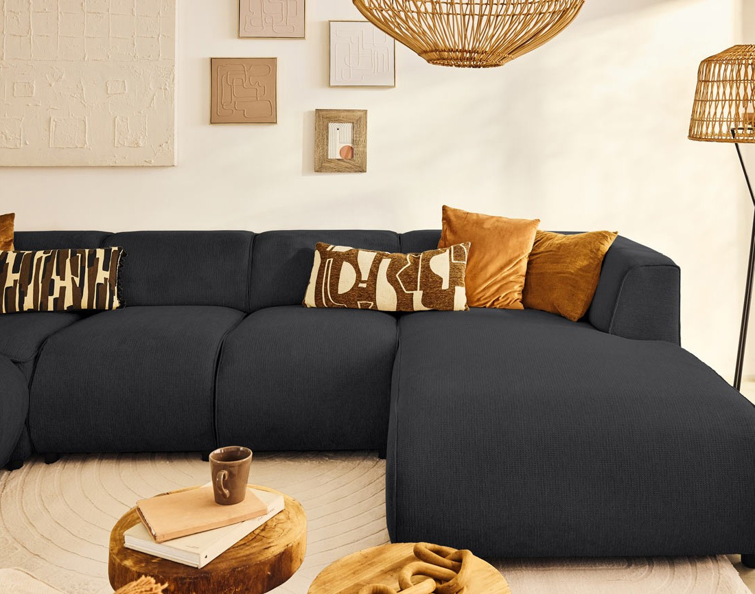 Canapé modulable panoramique d'angle gauche 7 places en tissu texturé Suaro