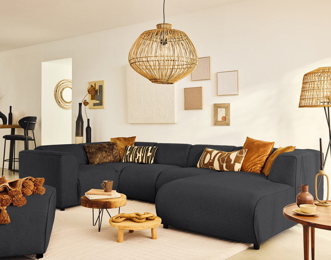 Canapé modulable panoramique d'angle gauche 7 places en tissu texturé Suaro