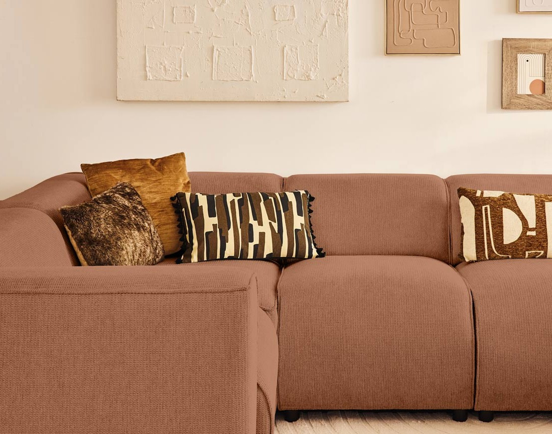 Canapé modulable panoramique d'angle gauche 7 places en tissu texturé Suaro