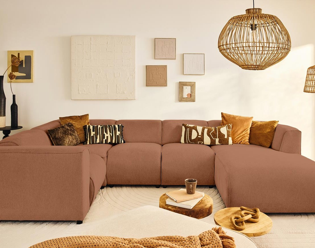 Canapé modulable panoramique d'angle gauche 7 places en tissu texturé Suaro