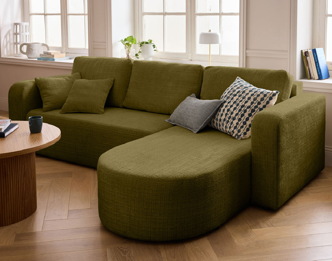 Canapé d'angle réversible 4 places convertible avec coffre en velours texturé Miro