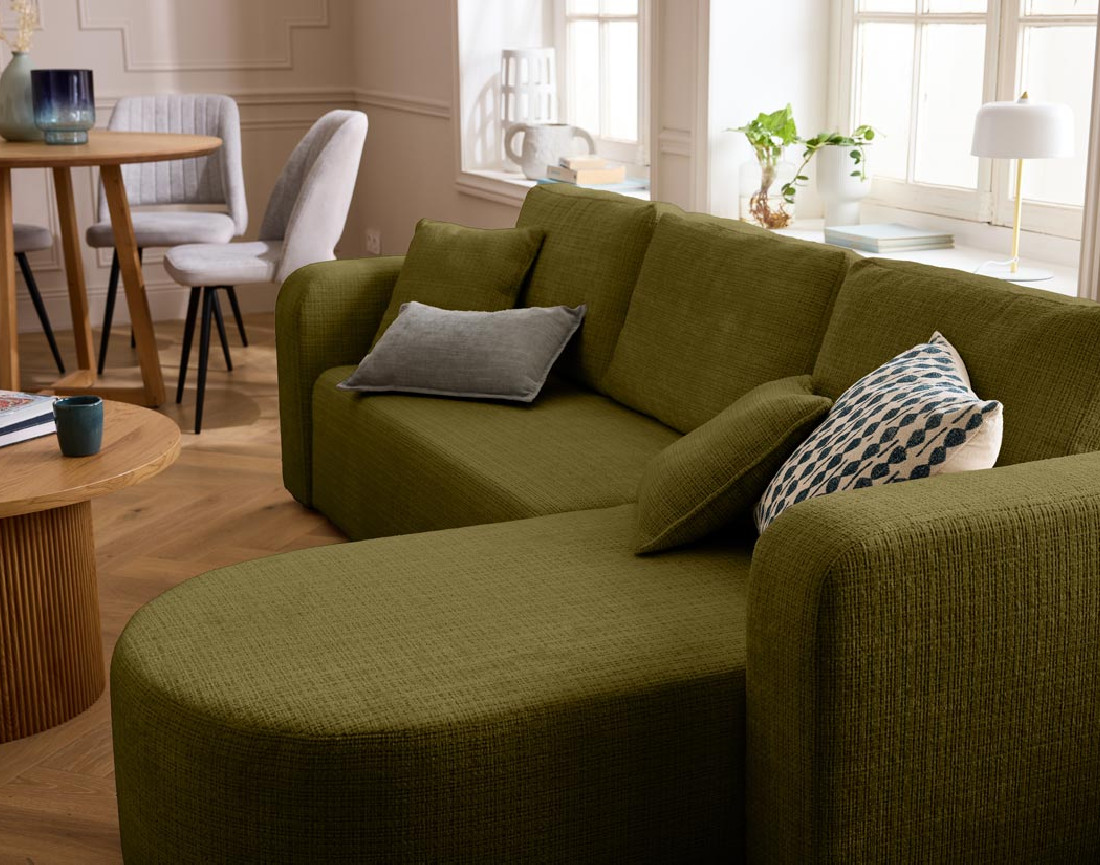 Canapé d'angle réversible 4 places convertible avec coffre en velours texturé Miro