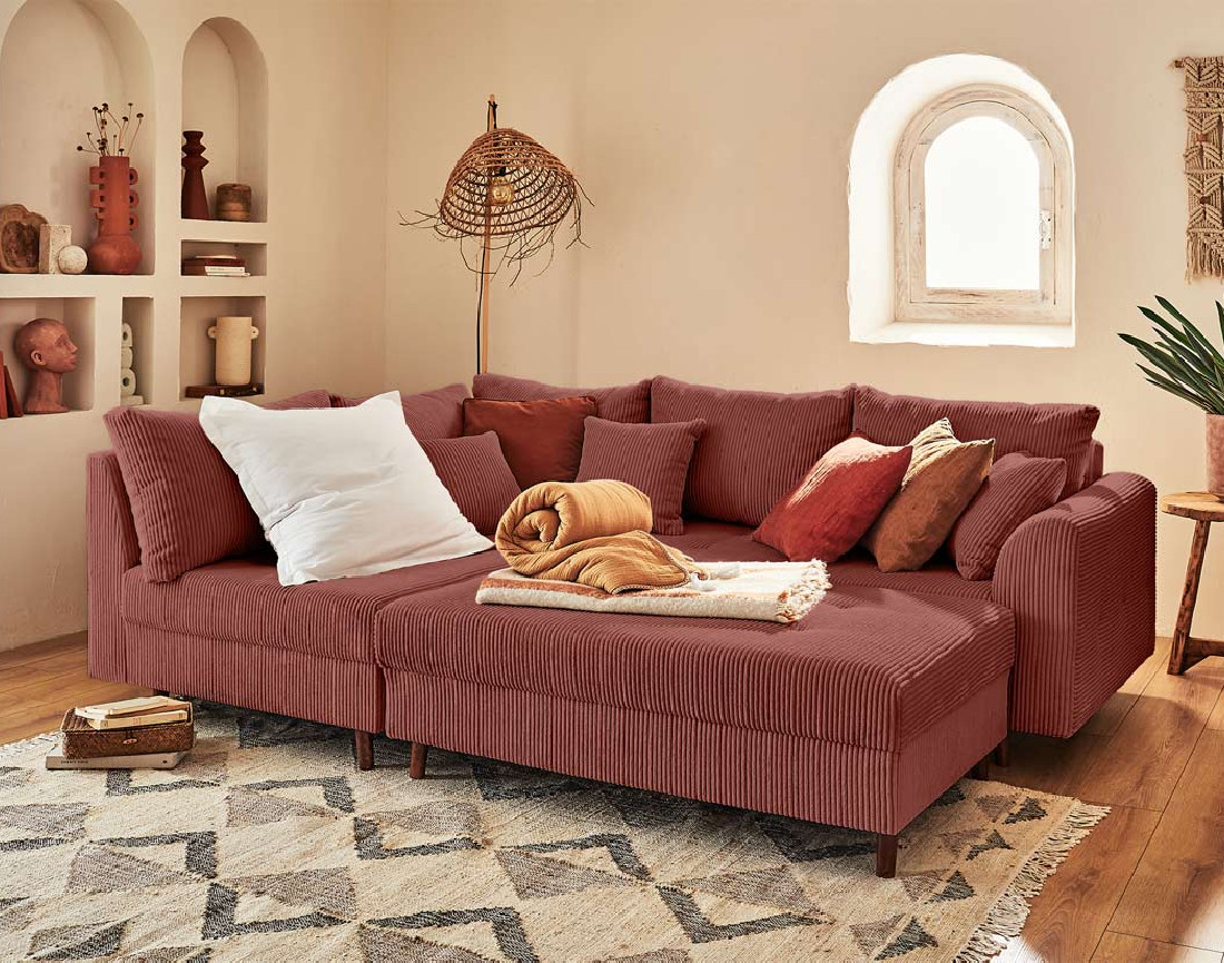 Canapé d'angle gauche - 4 places - avec pouf d'appoint - en velours côtelé - Rune