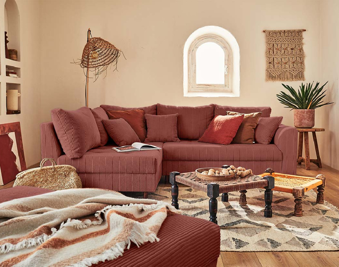 Canapé d'angle gauche - 4 places - avec pouf d'appoint - en velours côtelé - Rune