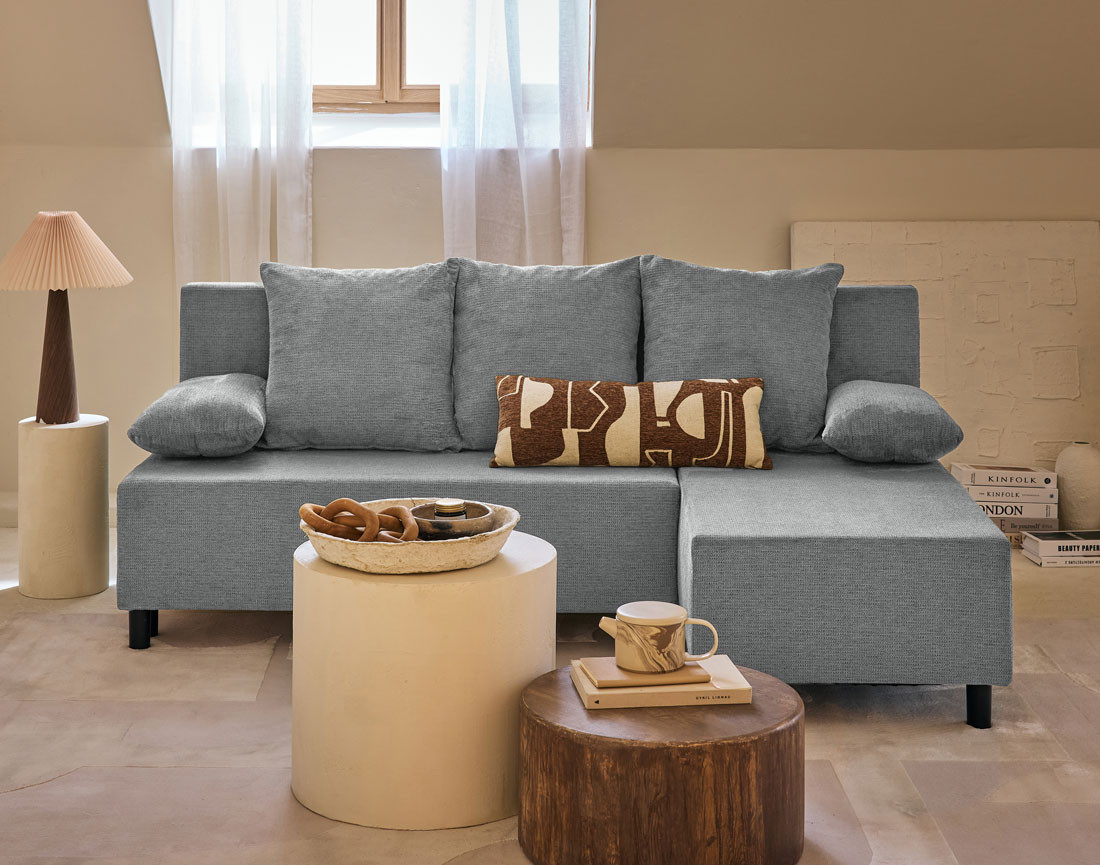 Canapé d'angle réversible 4 places convertible avec coffre en tissu texturé Gloria